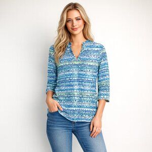 2/$30 hearts of palm Tribal Print Notched Tee 3/4 Sleeve Blue Multi XS #BAG11